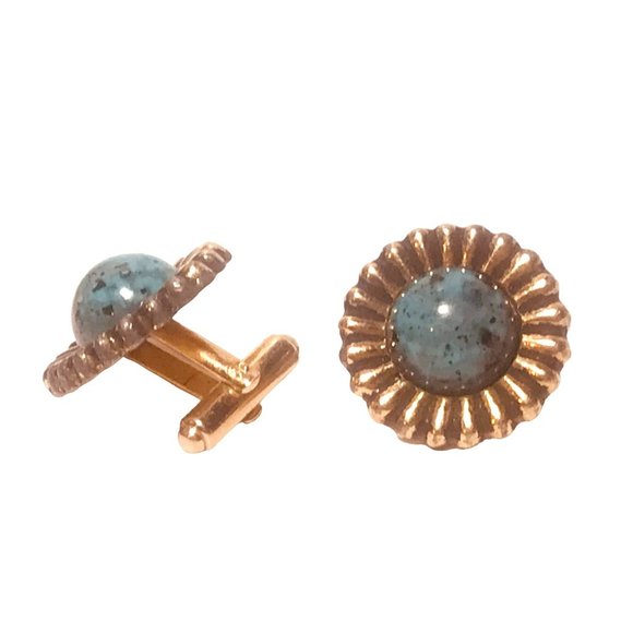 Vintage Gold Tone Daisy Sunflower Cufflinks Marbled Turquoise Lucite Cabochons - Picture 4 of 4